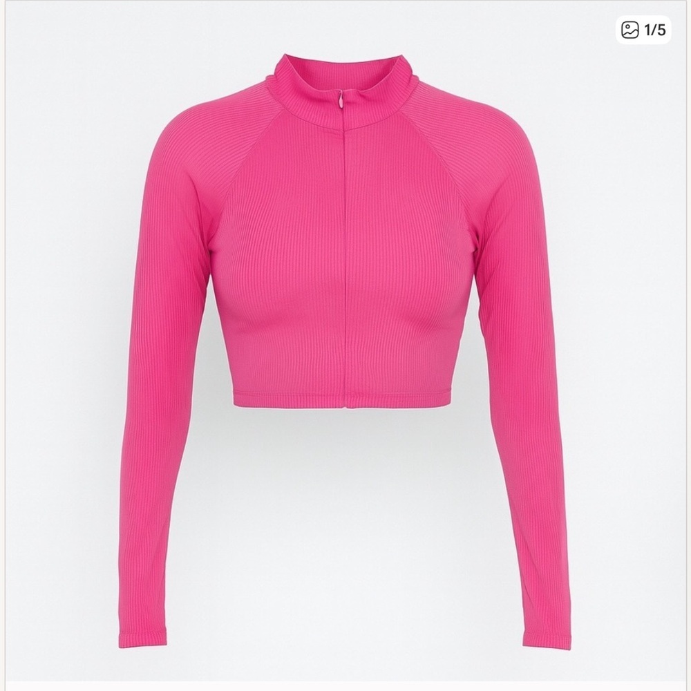 Naked Wardrobe Womens Crop Top Size‎ L Pink Ribbed Zip Mock Neck Minimalist